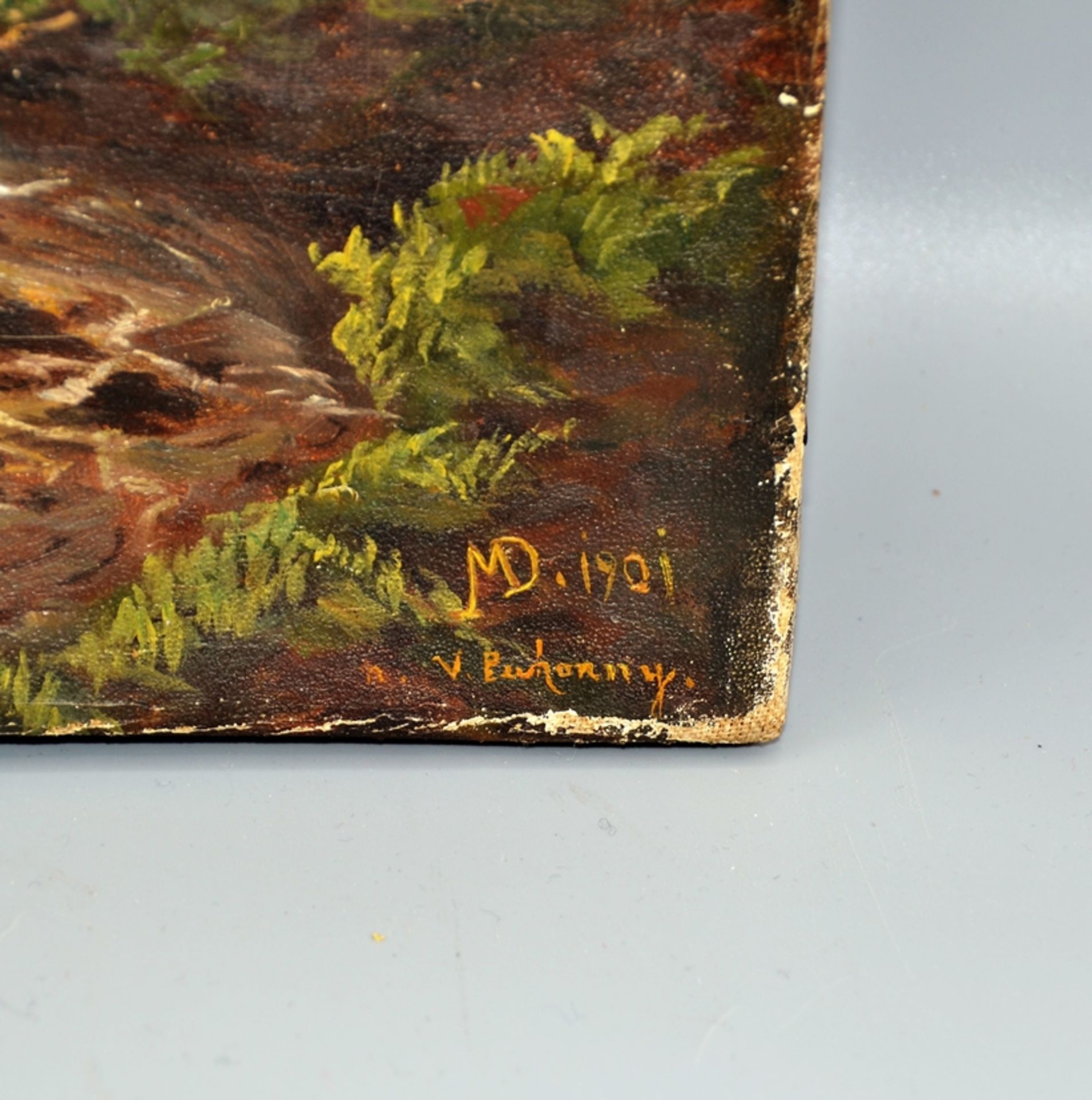 Gemälde Waldlandschaft mit Bachlauf Vögel etc. 1901, Öl auf Lwd., datiert u. signiert, ca. 45 x 34 - Image 2 of 3