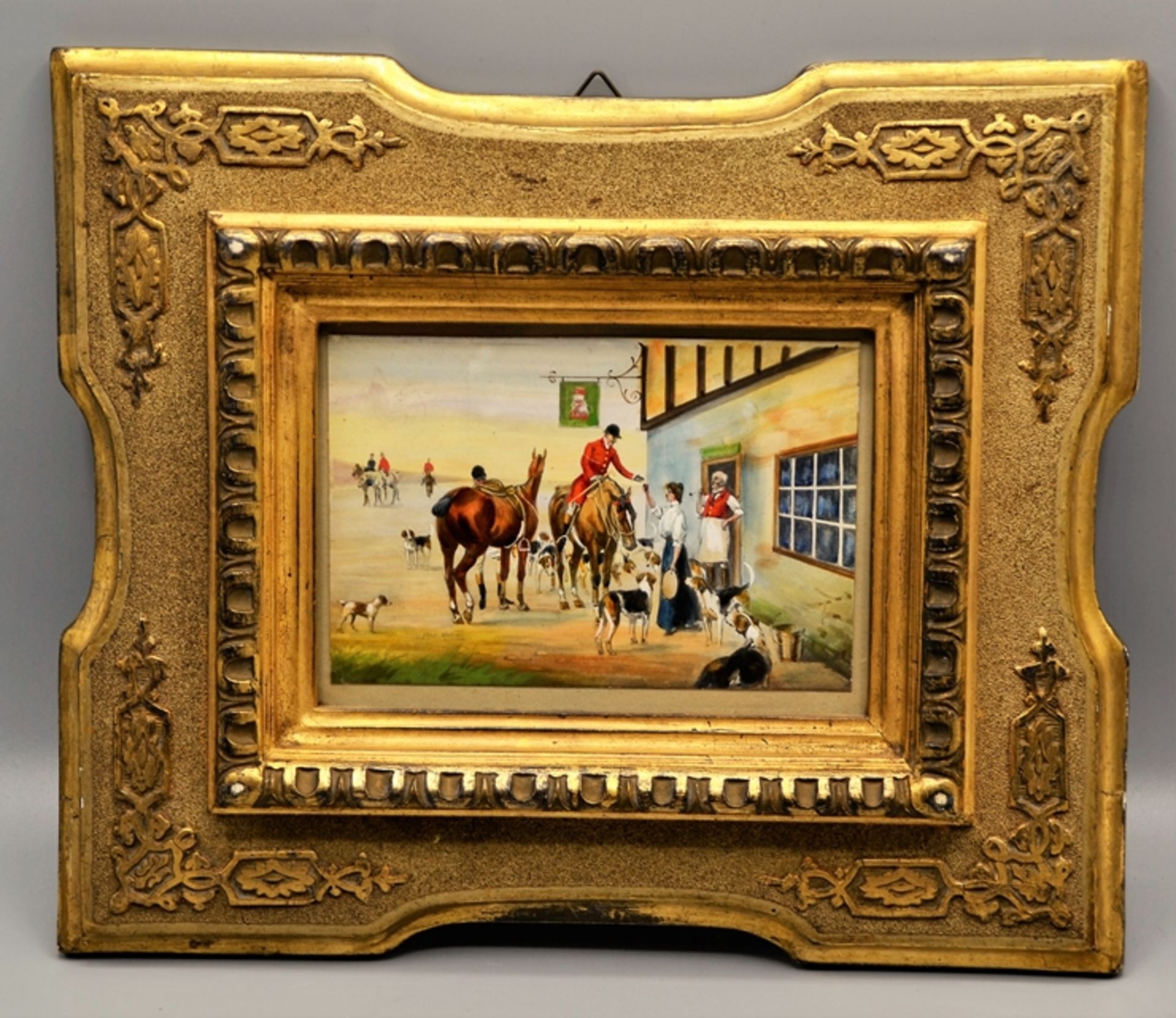 Frederic Whiting (England, 1874 - 1962) kleines Gemälde Fuchsjagd Rast, links unten signiert "FRED