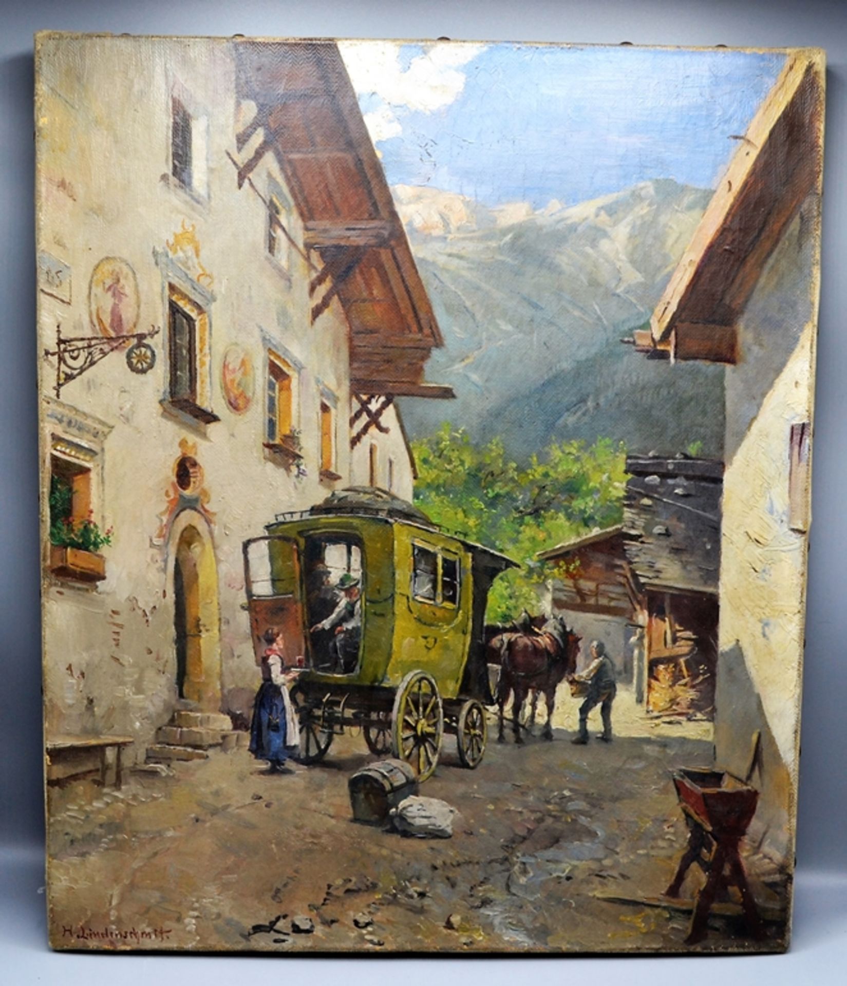 Hermann Lindenschmit (1857 Frankfurt - 1939 München) Gebirgsdorf Postkutsche Gemälde, Öl auf Leinwa