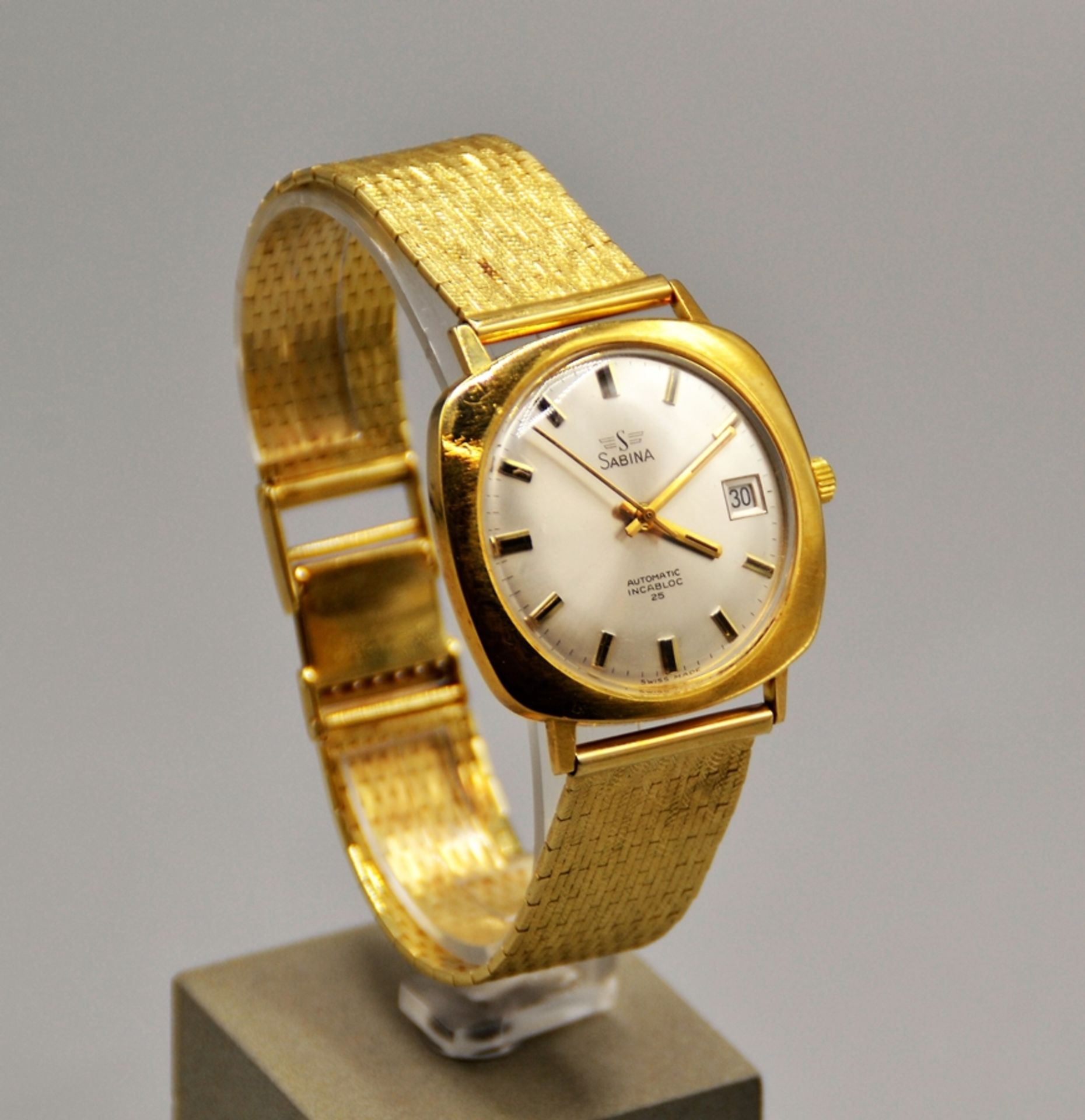 Sabina Automatic Herrenuhr Incabloc 25 Gold 750, das Uhrengehäuse besteht aus 750 Gold, das Armband