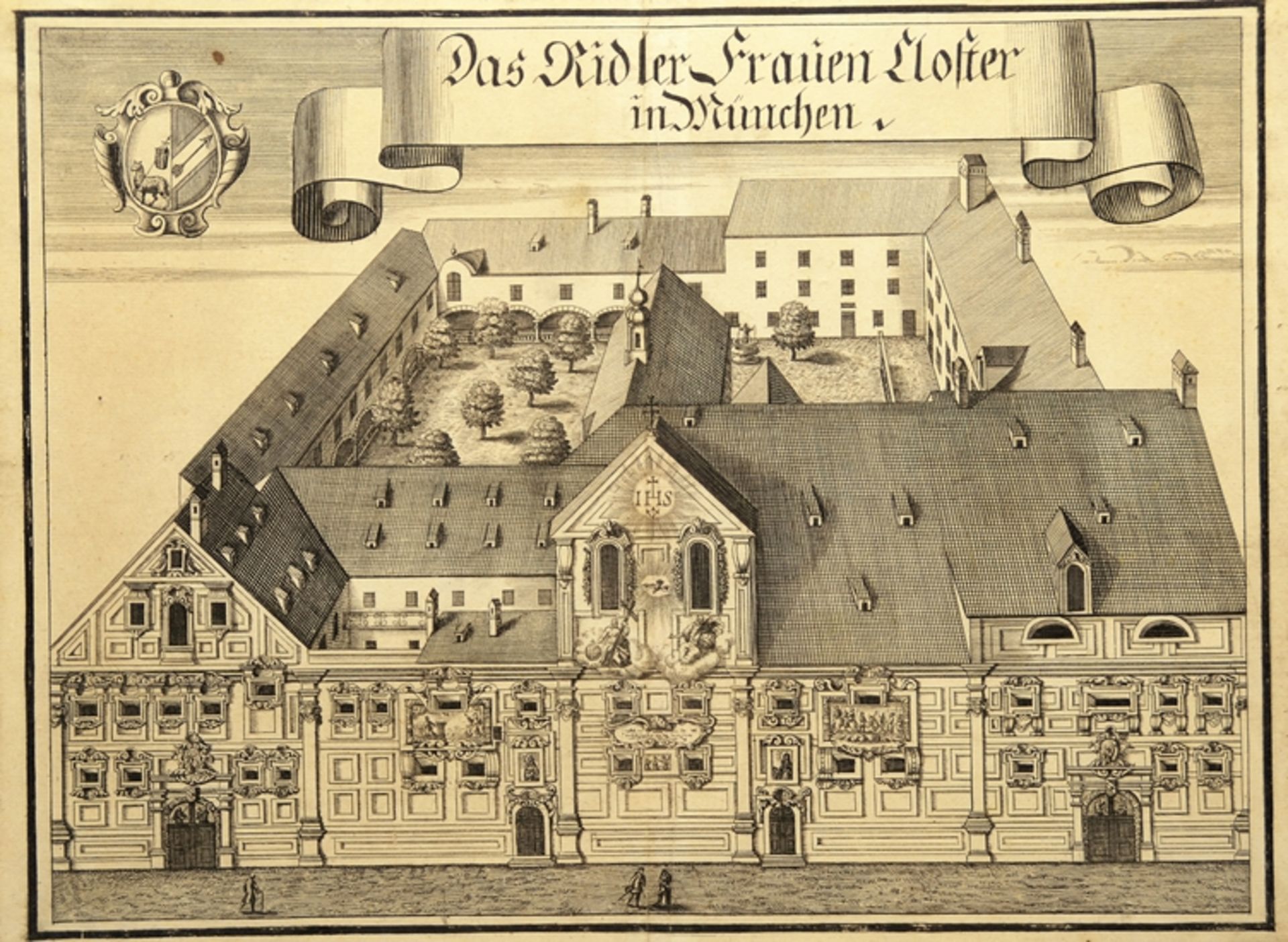 Kupferstich Michael Wening Das Ridler Frauen Kloster in München, Mittelfalte, alter Stich, ca. 40,5 - Bild 2 aus 2