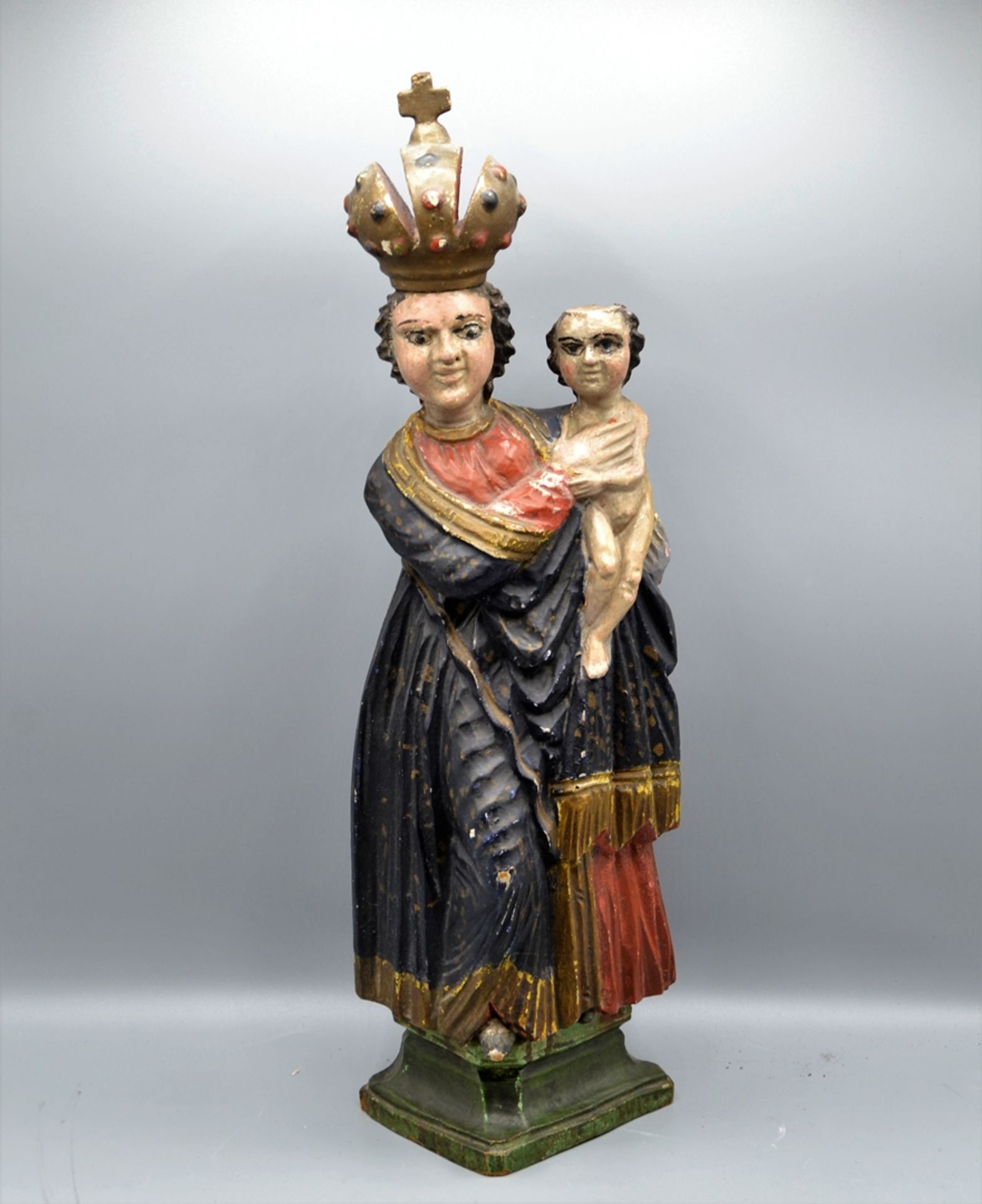 Pribram Böhmische Madonna Schnitzfigur 19 Jhdt., Krone Jesuskind fehlt, ca. 50 cm