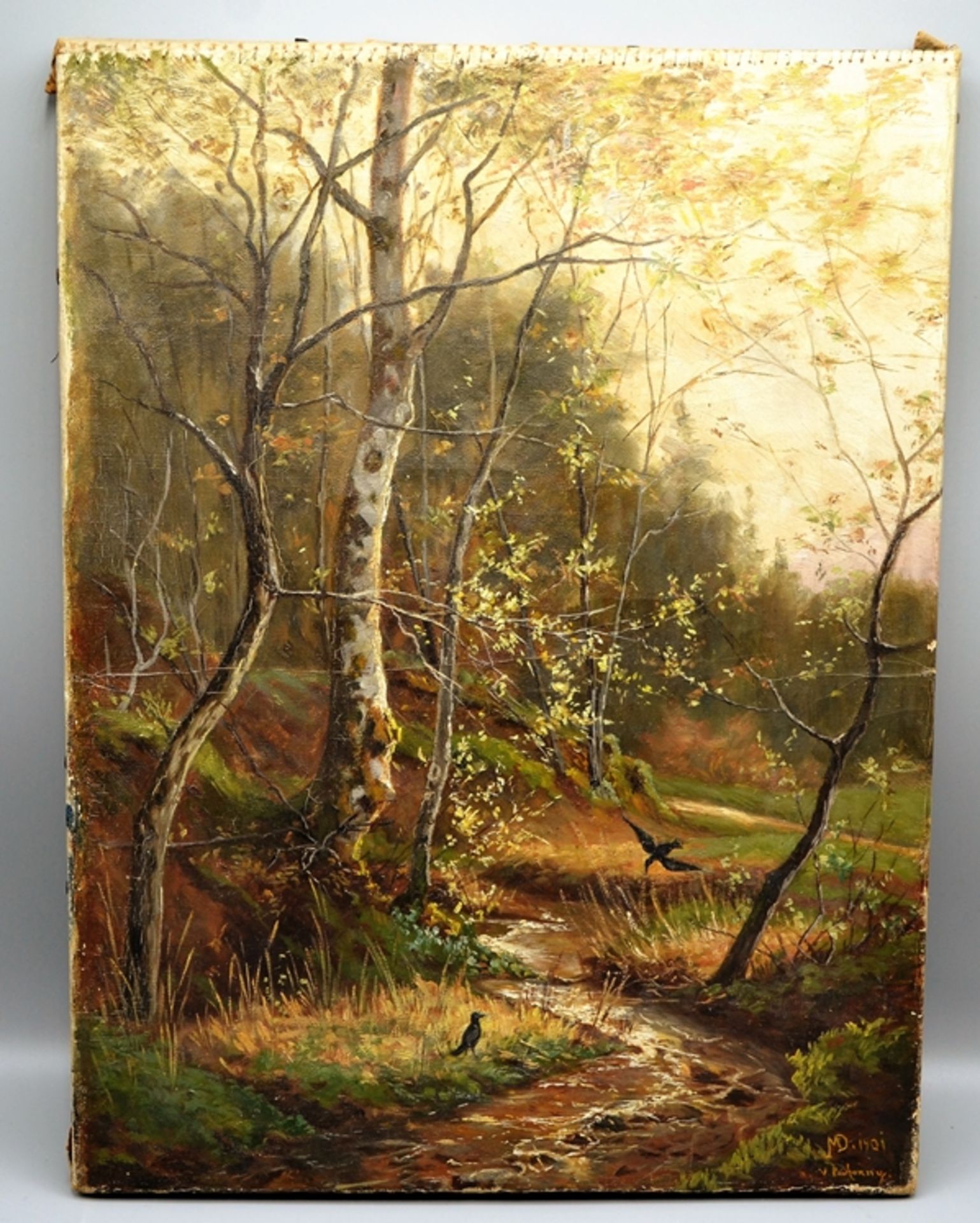 Gemälde Waldlandschaft mit Bachlauf Vögel etc. 1901, Öl auf Lwd., datiert u. signiert, ca. 45 x 34