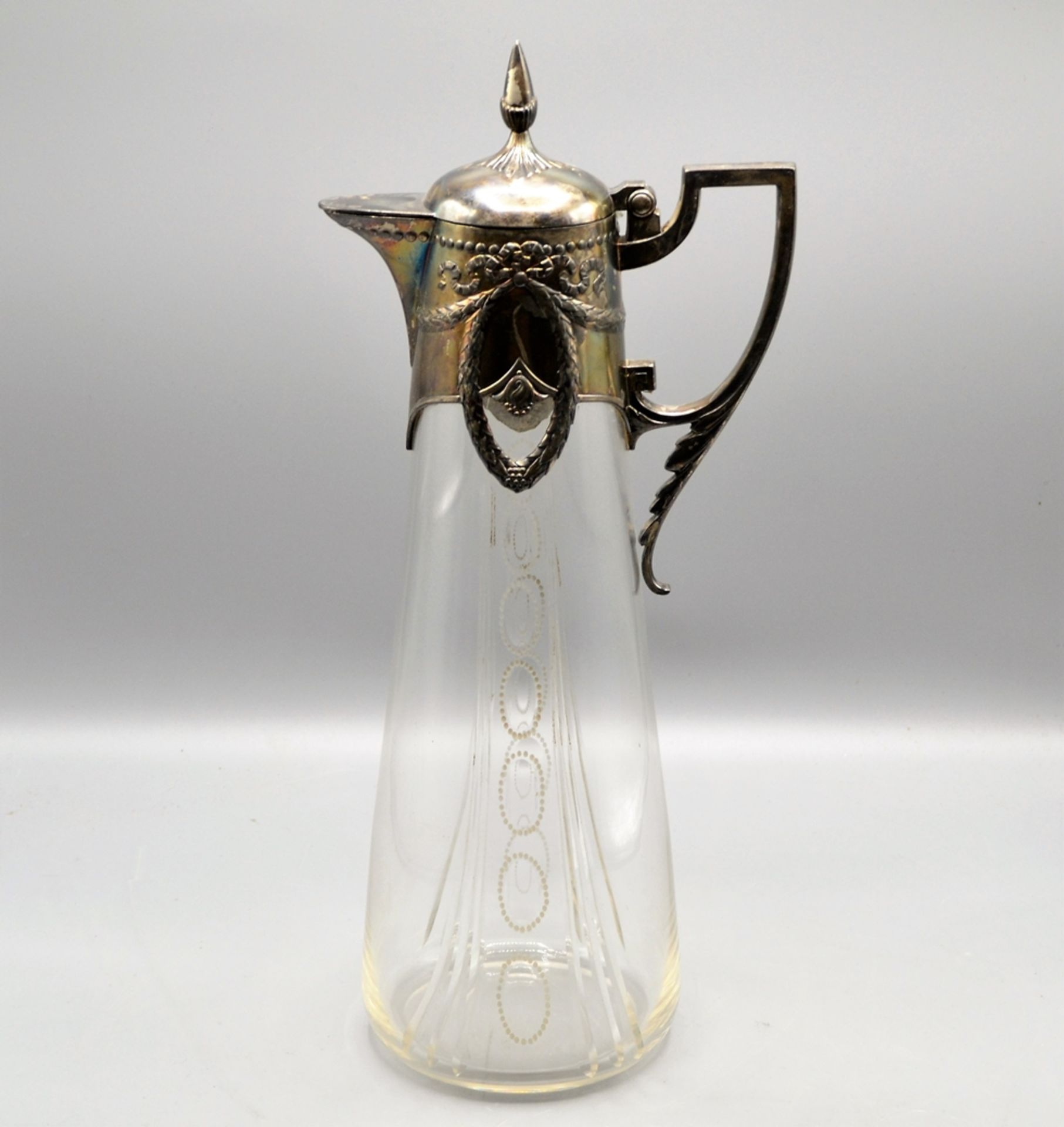 WMF Glas Karaffe Schenkkanne um 1900, versilbertes Britannia Metall, geschliffenes Glas, ca. 36,5 c
