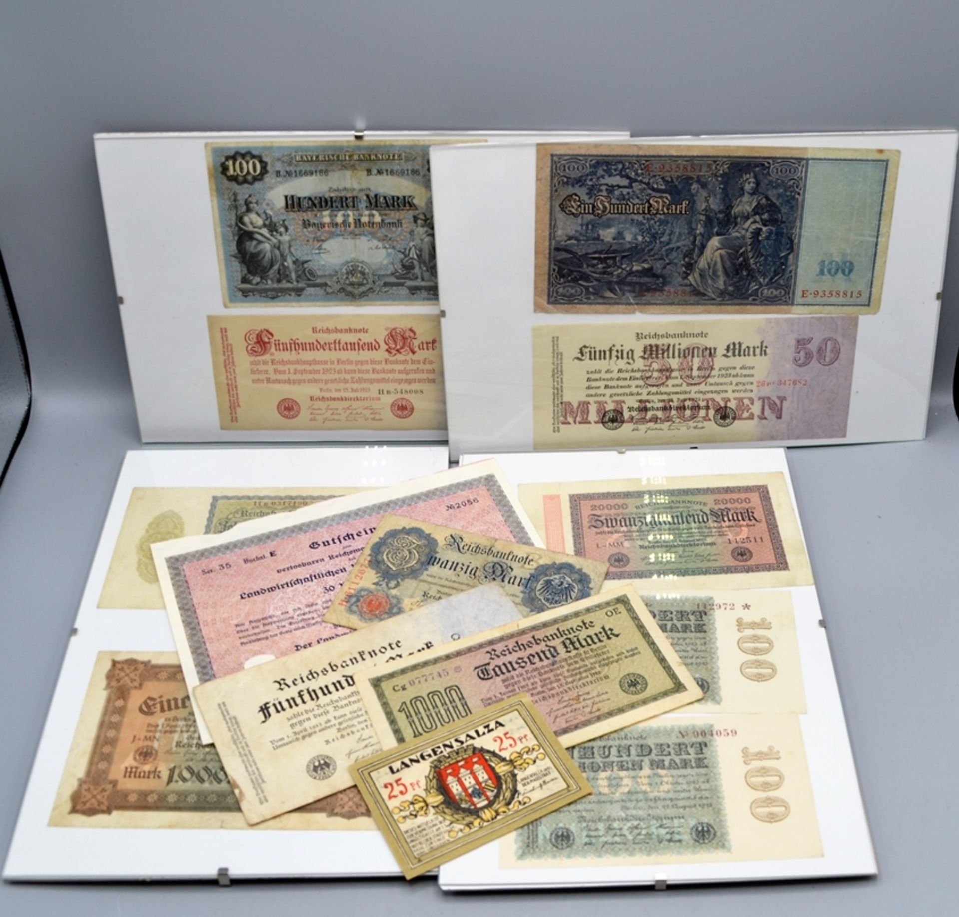 Geldscheine Reichsbanknoten Notgeld etc. Konvolut ca. 14 St., tlw. gerahmt