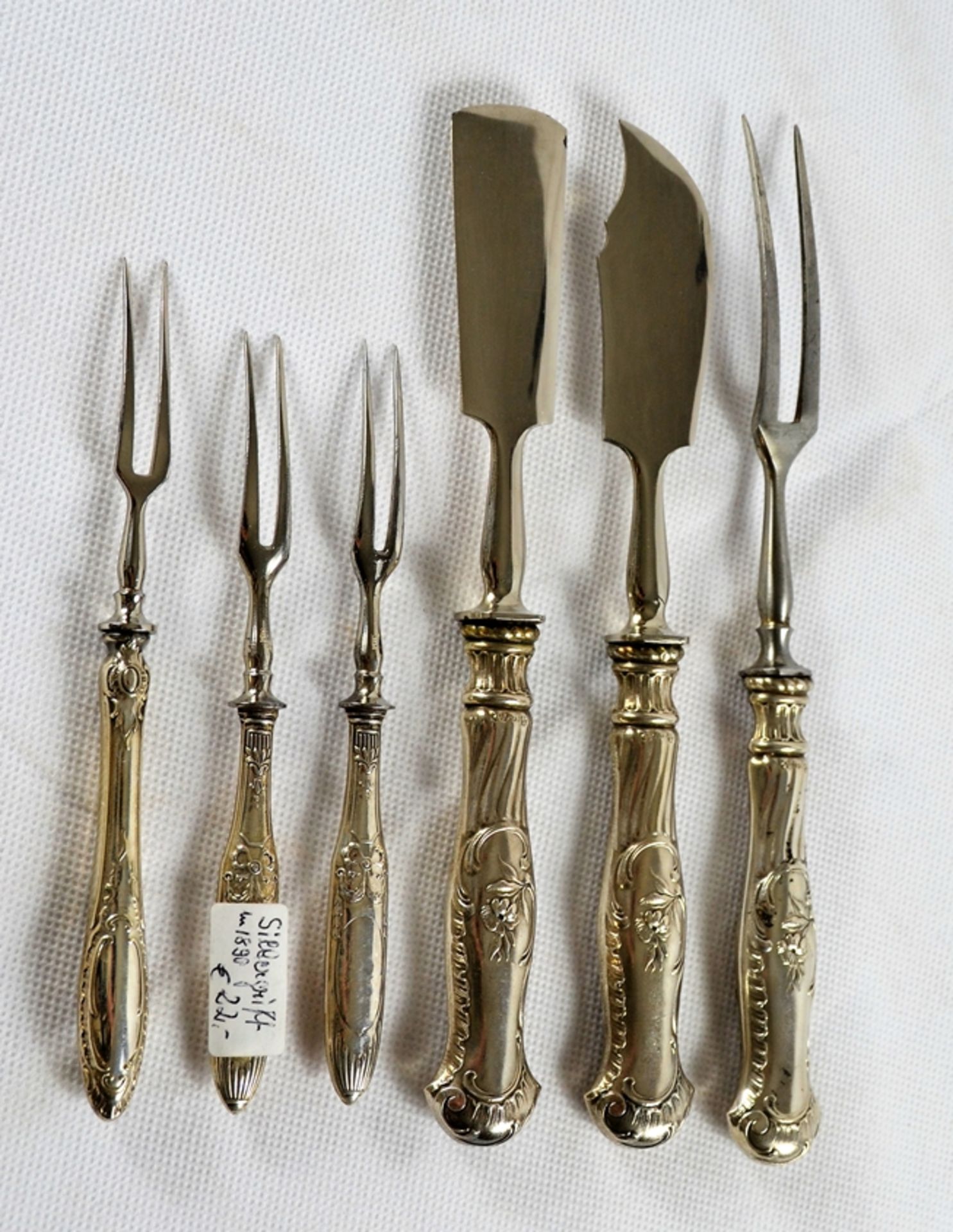 Jugendstil etc. Besteck Silbergriffe 5 St., Gabel Buttermesser u. Käsemesser zusammengehörig, 2 kle - Image 2 of 2