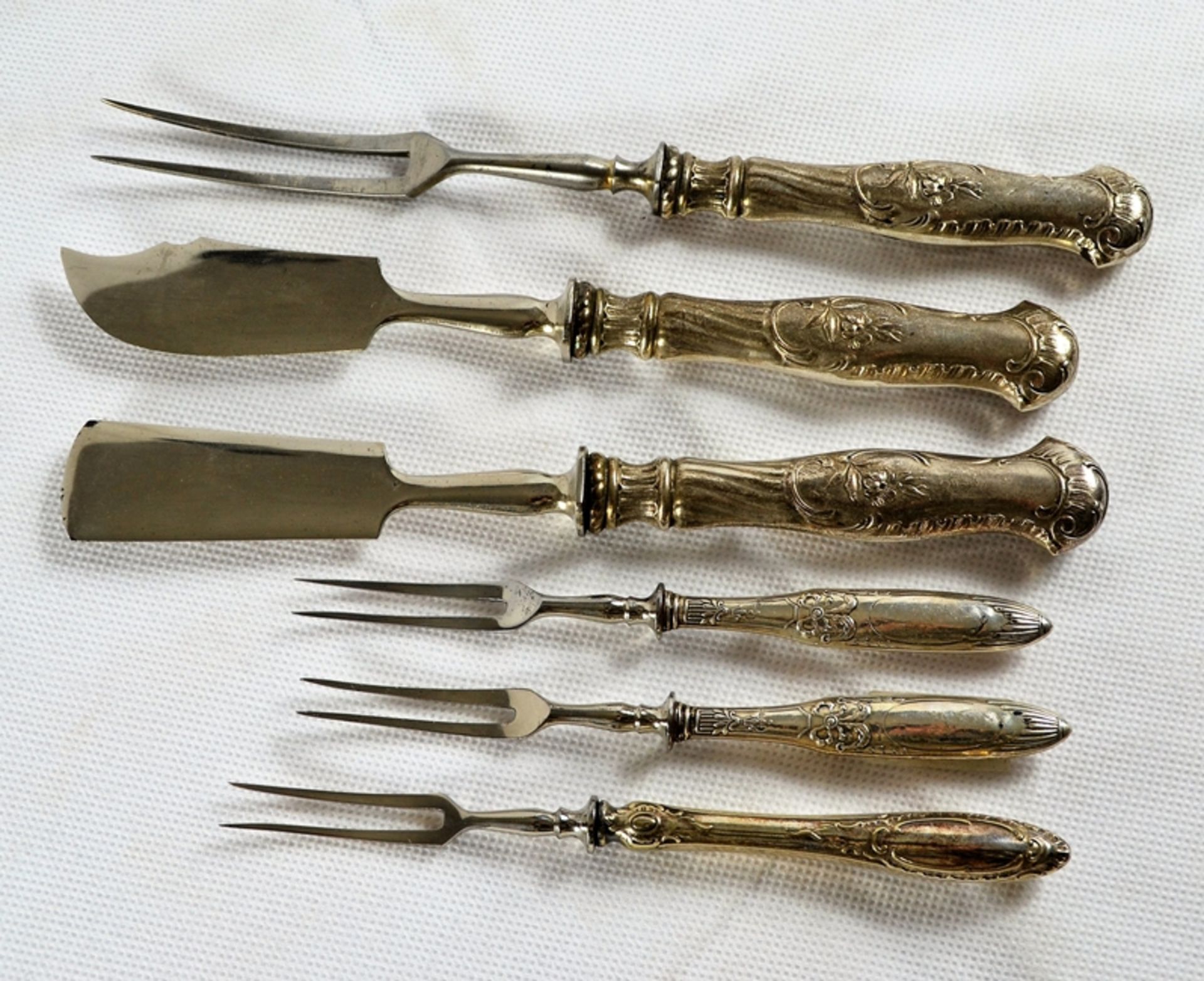 Jugendstil etc. Besteck Silbergriffe 5 St., Gabel Buttermesser u. Käsemesser zusammengehörig, 2 kle