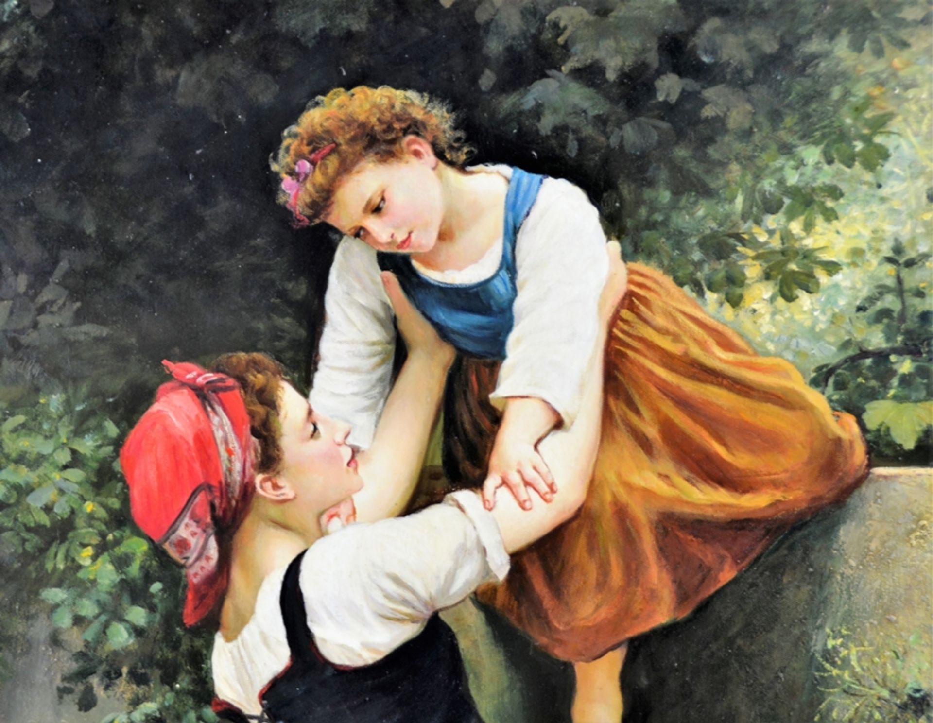 Gemälde Mutter Tochter Obstgarten signiert Steinmann 20 Jhdt., Öl auf Leinwand, ca. 109 x 78 cm (mi - Bild 2 aus 3