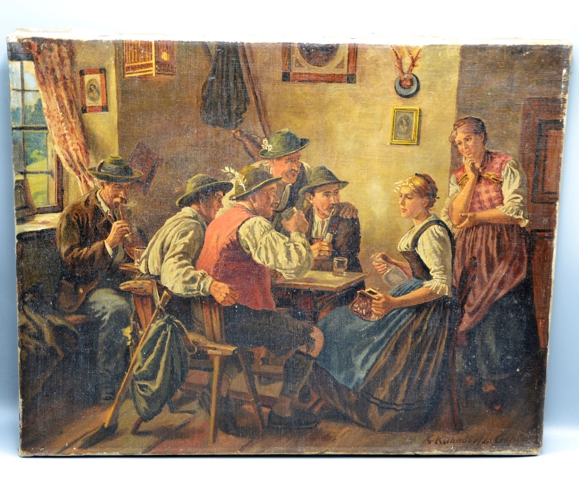 Gemälde Wirtshausszene um 1900, r. u. sign. K. Kuhndörfer Copie, ca. 49 x 39 cm