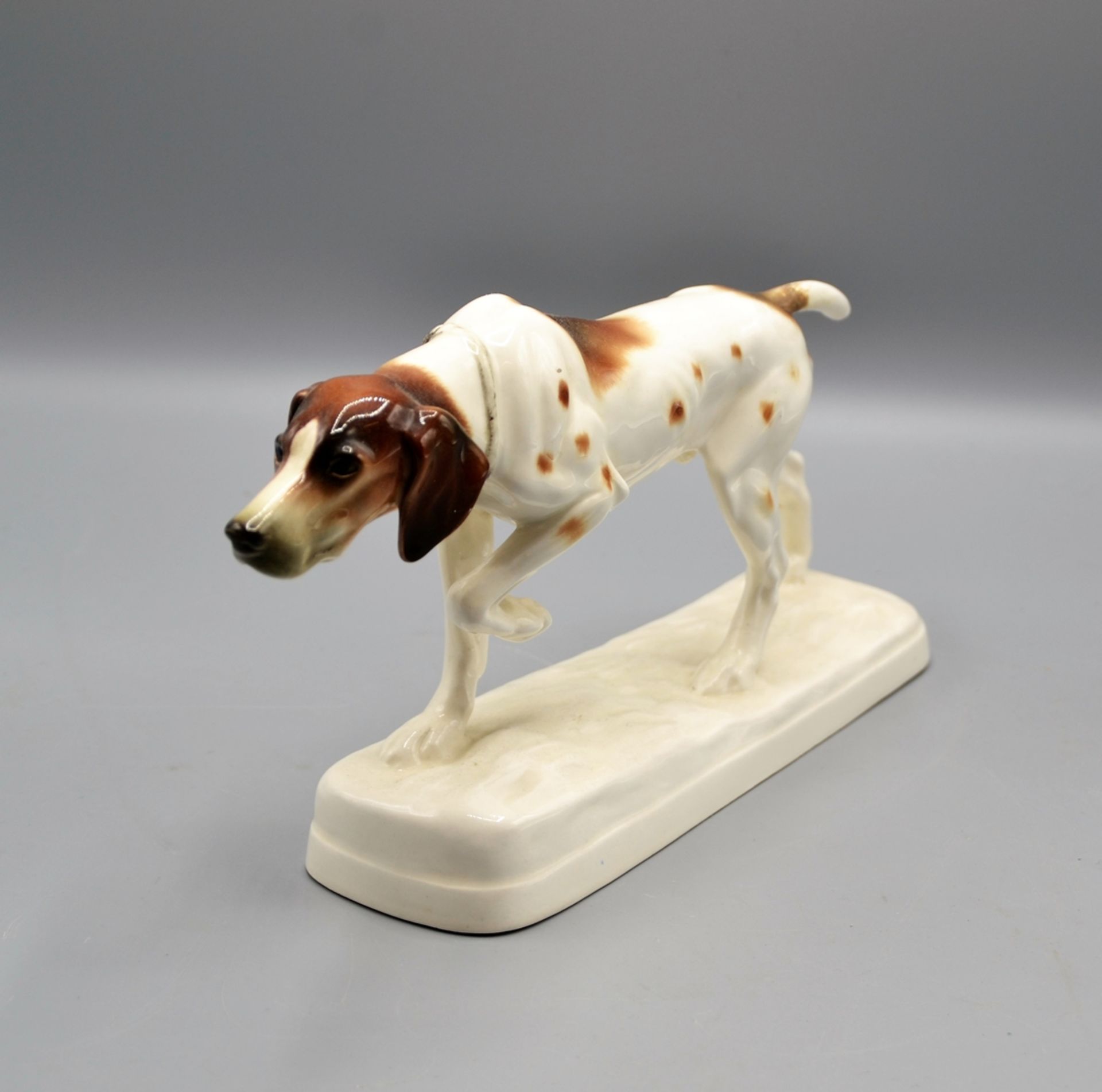 Jagdhund Hund Porzellanfigur 20 Jh., bemalt, Bodenmarke, Schwanz restaurierter Bruch, ca. 35 cm