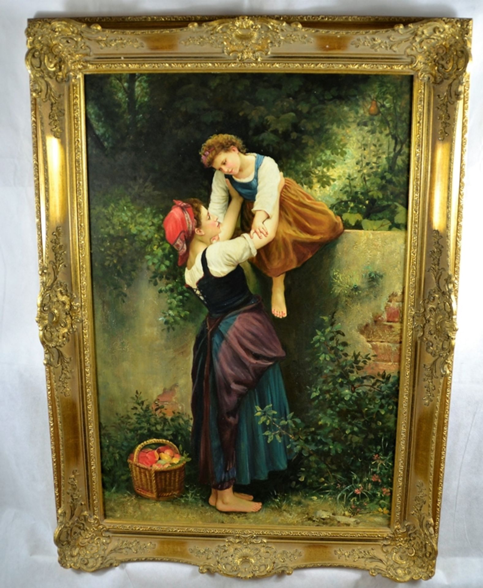 Gemälde Mutter Tochter Obstgarten signiert Steinmann 20 Jhdt., Öl auf Leinwand, ca. 109 x 78 cm (mi