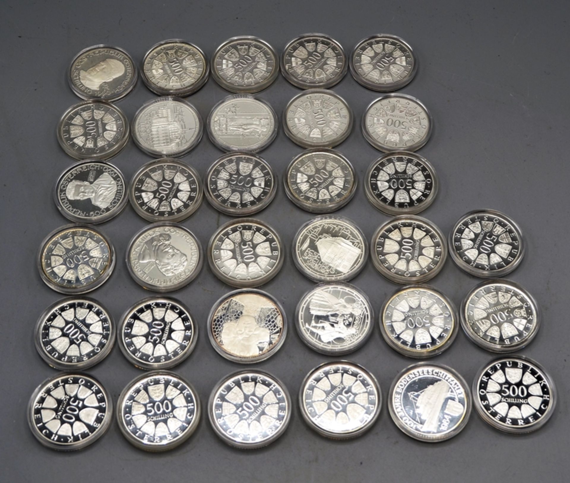 500 Schilling Gedenkmünzen Silbermünzen Österreich 33 St., PP in Kapseln