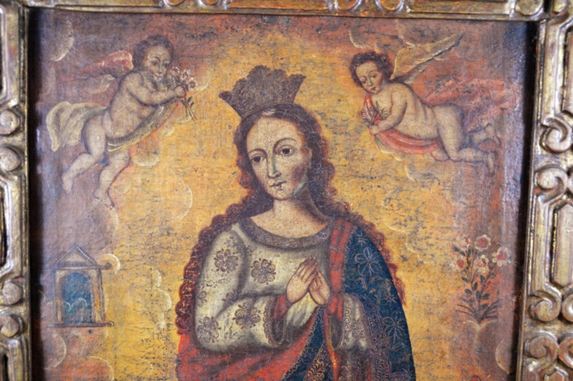 Mondsichelmadonna Gemälde wohl Spanien 18 Jhd., Öl auf Leinwand, schöner Rahmen geschnitzt kleine S - Image 2 of 5
