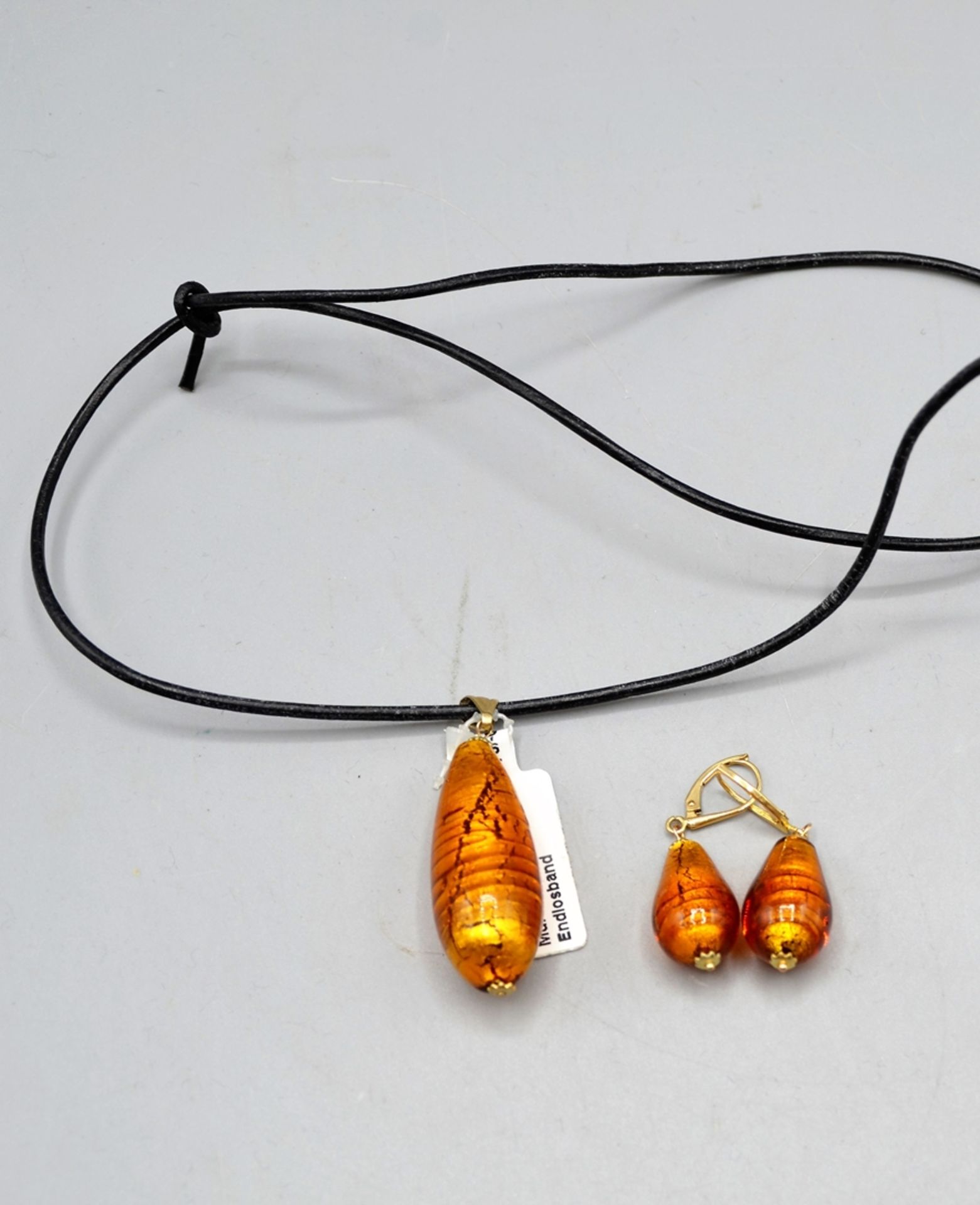 Murano Glas Schmuckset 375 Goldfassung Ohrringe Anhänger, Halsband Leder