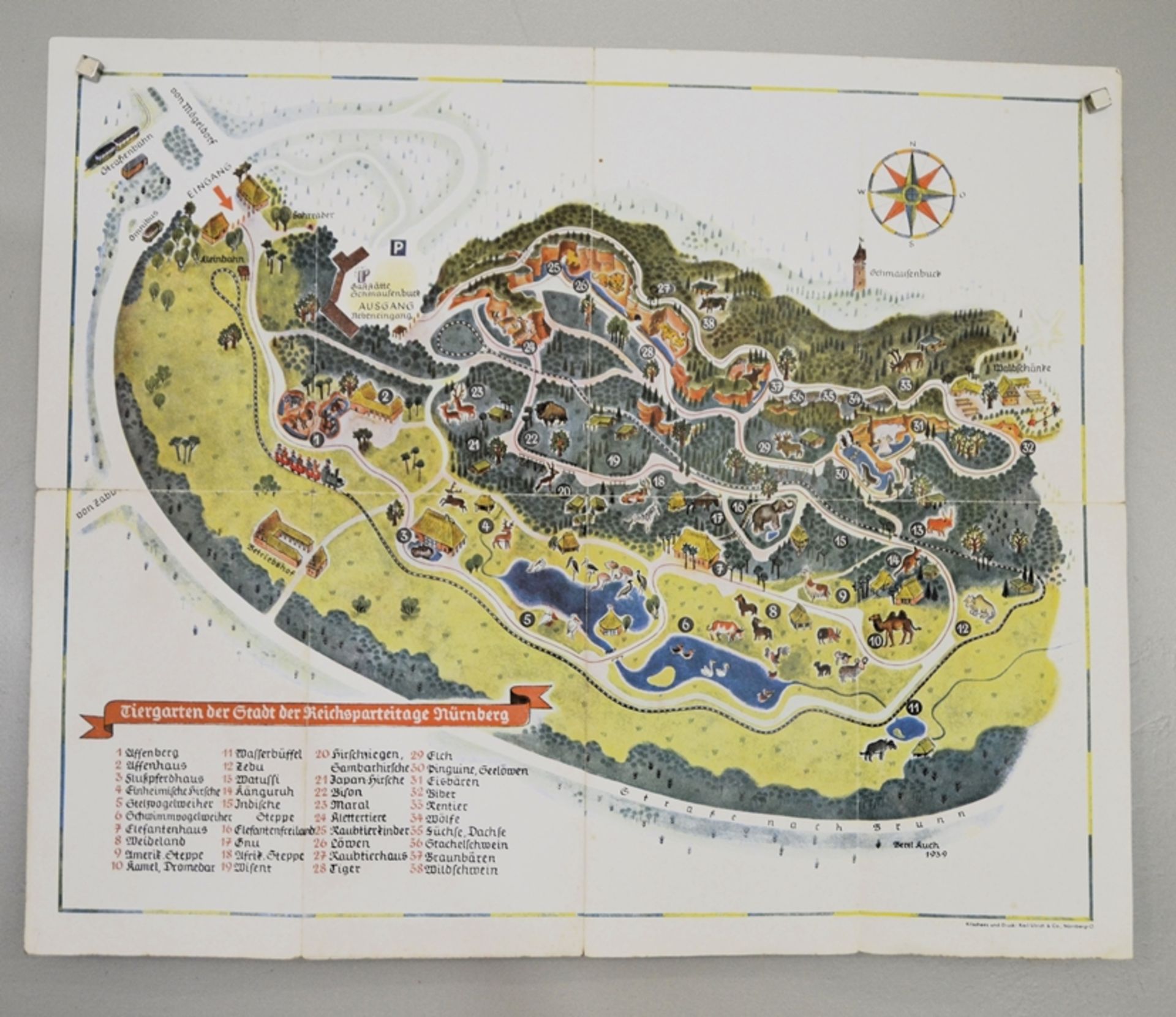 Karte "Tiergarten der Stadt der Reichsparteitage Nürnberg" Bertl Kuch 1939, Klischees und Druck: Ka