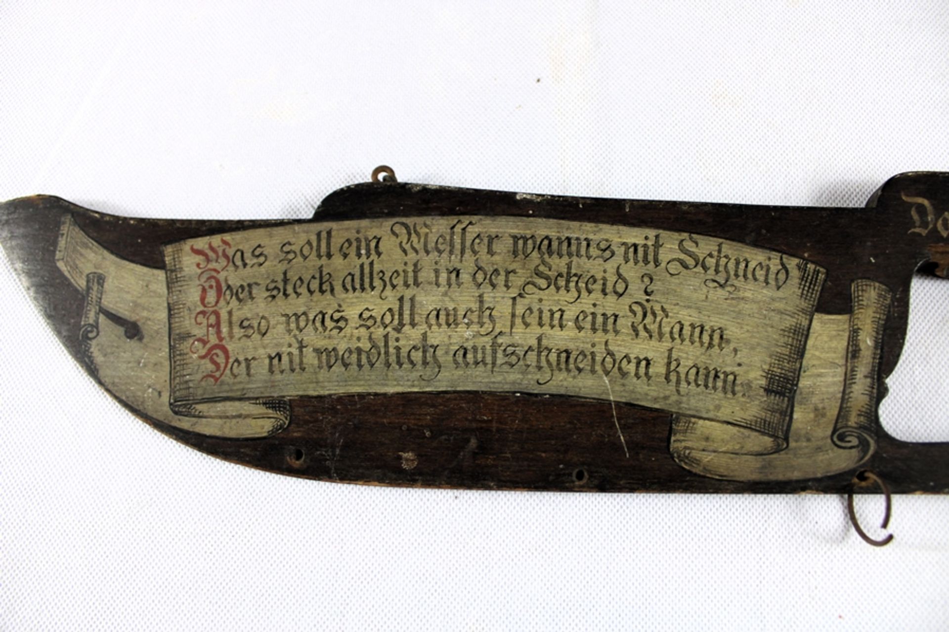 Seltenes Ziermesser Holz teils Schnitzereien um 1900, evtl. Stammtisch Schild oder Geschäftsschild, - Bild 2 aus 3