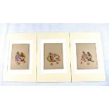 3 Miniaturmalereien Indien erotische Darstellungen 20 Jh., ca. 30 x 19,7 cm (mit Passepartout)