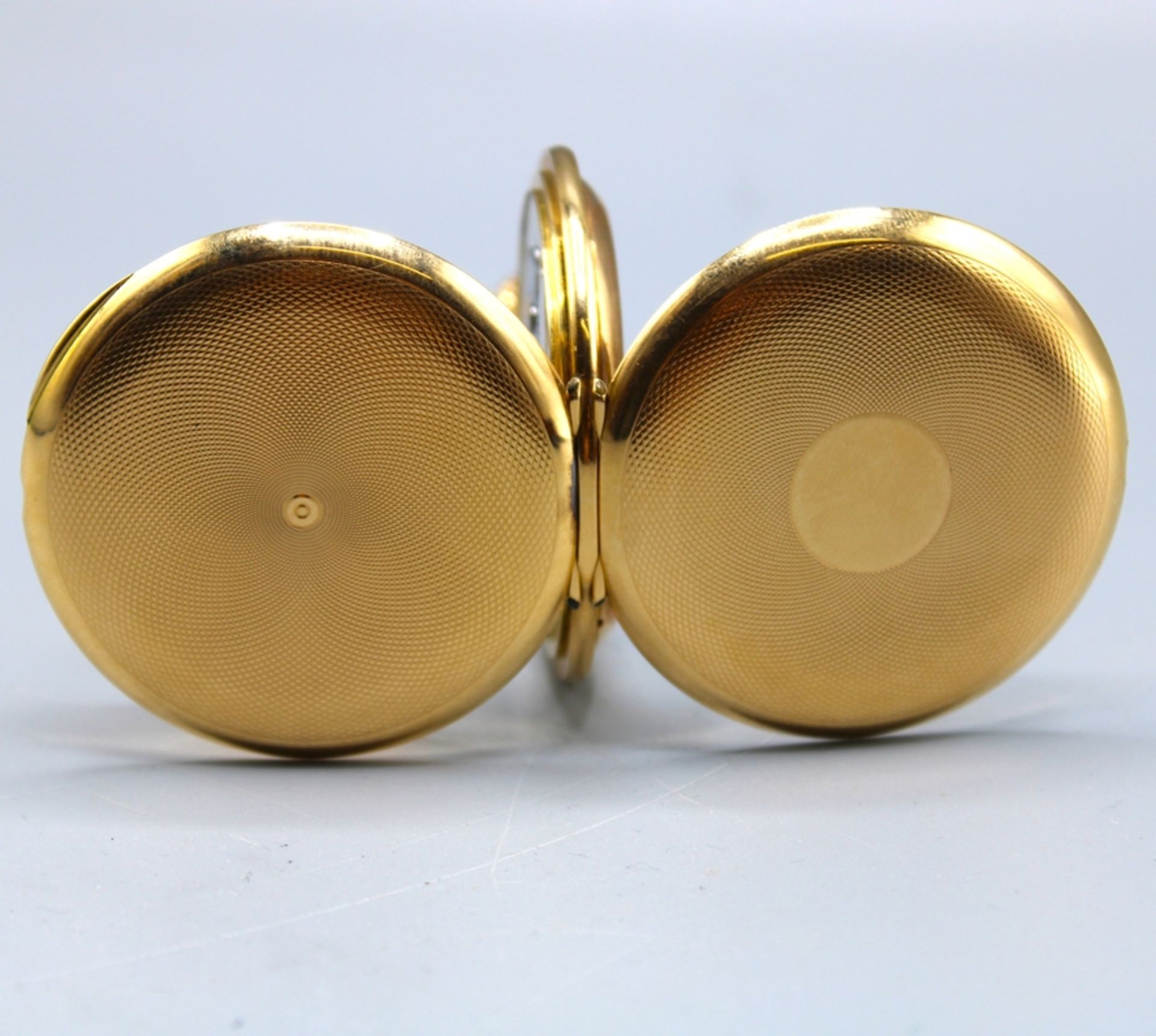Paul Moser Gold Savonnette Taschenuhr 14 kt., guillochierte Deckel, Staubdeckel auch 14 kt. Gold, Ø - Bild 4 aus 5