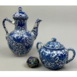 TWO BLUE AMD WHITE TEA POTS, along with a small cloisonné lidded jar (3)