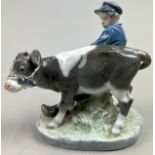 ROYAL COPENHAGEN FIGURINES, of "young boy with cow" and "soldier and lady" (2)