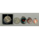 A SET OF FIVE SILVER AND ENAMEL CORONATION COINS, for Queen Victoria and Queen Elizabeth II