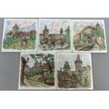 A SET OF FIVE CZECH REPUBLIC CERAMIC TILES DEPICTING ARCHITECTURAL DESIGNS, hand painted scenes of