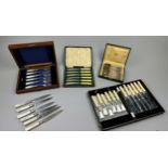 SILVER PLATED CUTLERY SETS, 5 sets cased to include mother of pearl knife and forks, Boulenger