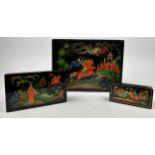 RUSSIAN RED LACQUERED PAPIER MACHE BOXES (3)