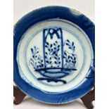 A CHINESE PORCELAIN BLUE AND WHITE DISH, depicting a hanging basket filled with flowers. Mounted