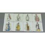 A SET OF EIGHT CZECH REPUBLIC CERAMIC TILES DEPICTING WOMEN IN DRESSES, hand painted white porcelain