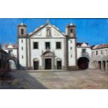 A 20TH CENTURY PORTUGUESE SCHOOL, depicting a church at Lisbon. Signed 'Helen Bowie'