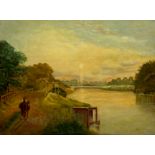 A VICTORIAN OIL ON CANVAS PAINTING, depicting a horse and rider crossing a bridge near a