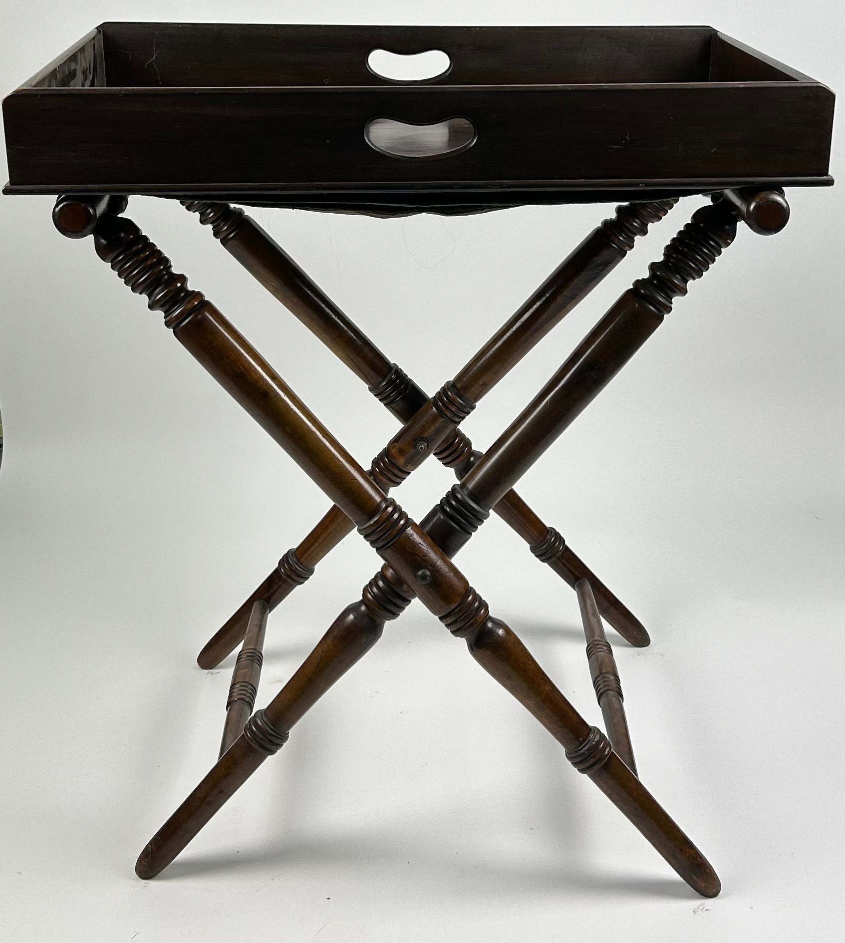 A VICTORIAN MAHOGANY BUTLERS STAND WITH TRAY, 76cm x 70cm