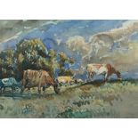 ARTHUR HENRY KNIGHTON-HAMMOND (1875-1970), a large watercolour of cattle grazing in a field,