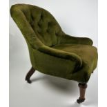 A HOLLAND AND SONS MOSS GREEN UPHOLSTERED BUTTON BACK SCROLL ARMCHAIR, stamped to leg 'Holland and
