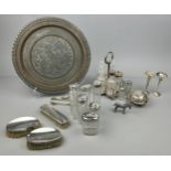 A COLLECTION OF SILVER AND SILVER PLATE, to include two candlesticks, a Mappin and Webb vessel