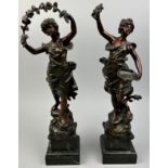 A PAIR OF SPELTER FIGURES, mounted on marble stands and stamped 'Fabrication Francais'