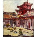 A 20TH CENTURY CHINESE SCHOOL OIL ON CANVAS OF THE SUMMER PALACE, with pagoda rooftops. 59cm x 48cm