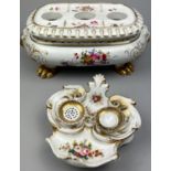 A PORCELAIN PLANTER AND A SMALL INKWELL, probably French 19th Century. The first larger on gilt
