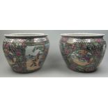 A PAIR OF CHINESE 'TAO KUANG' FAMILLE ROSE CERAMIC JARDINIERES, with fish interior and six character
