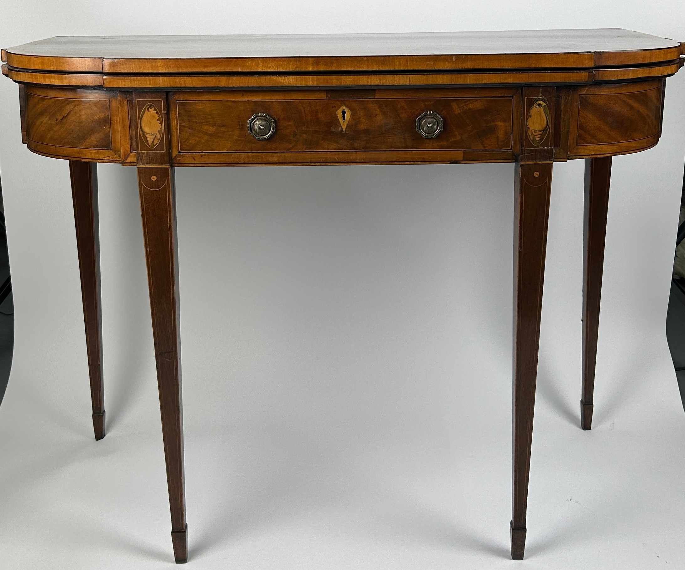 A SHERATON DESIGN GEORGE III TEA TABLE, late 18th century rosewood cross banded with satinwood shell