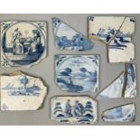 A FRAGMENTED COLLECTION OF 18TH CENTURY AND LATER DELFT TILES, salvaged from a Georgian property