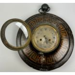 A FRENCH TOLEWARE WALL HANGING CLOCK WITH PAINTED GREEK KEY DECORATION