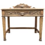 A JACOBEAN REVIVAL GREEN MAN CARVED OAK CONSOLE TABLE, with singular sliding drawer carved with