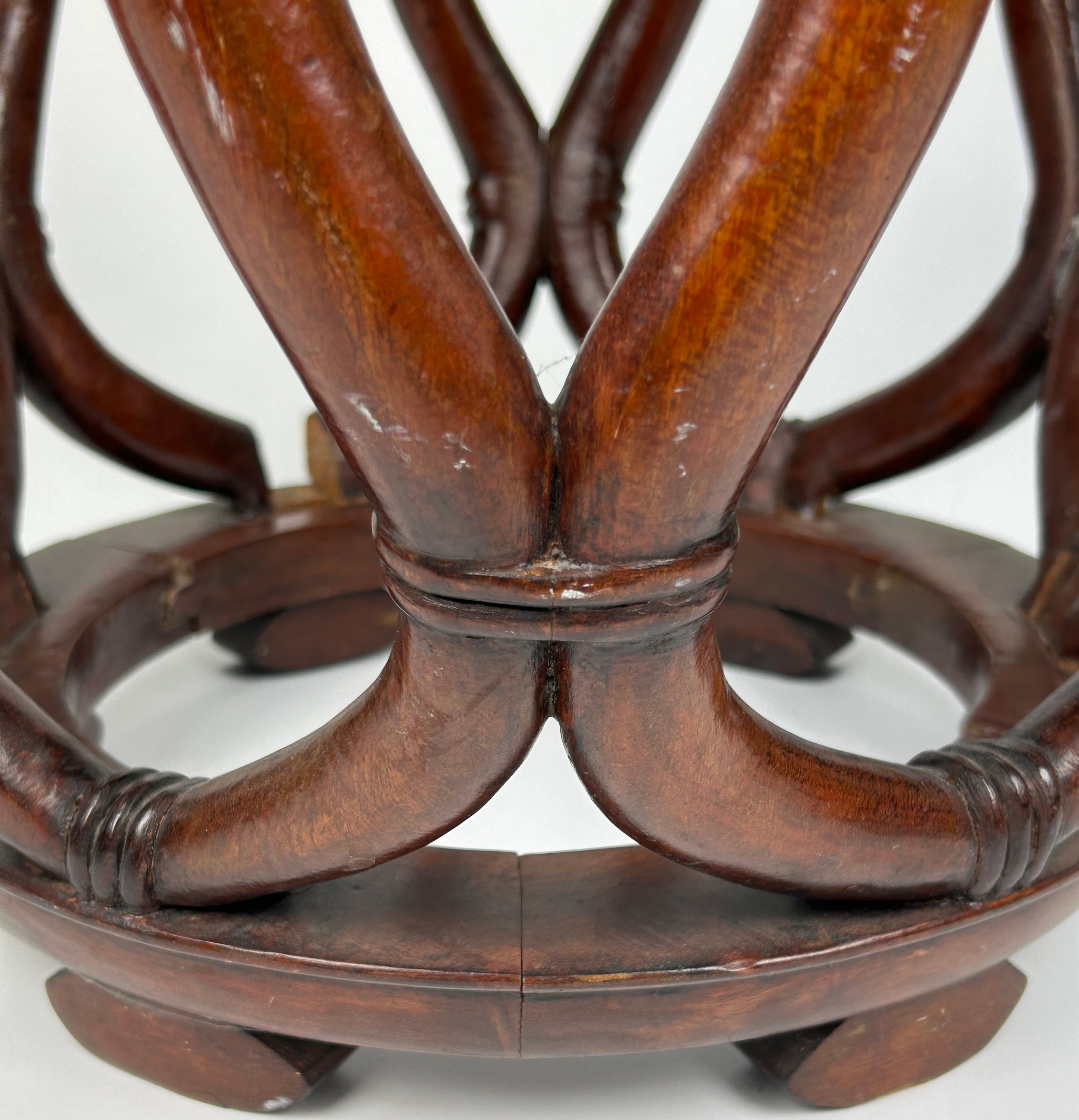 A PAIR OF CHINESE ROSEWOOD BARREL STOOLS, with burl inset circular top and reticulated sides, carved - Image 9 of 10