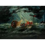 19TH CENTURY CHINESE SCHOOL OIL ON CANVAS 'SAILBOATS IN A STORM', mounted in a gilt frame. 27cm x