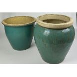 TWO LARGE TURQUOISE GARDEN PLANTERS Height: 40cm and 32cm