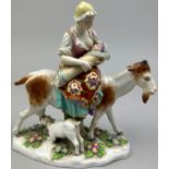 A CHELSEA PORCELAIN CERAMIC GROUP OF A LADY WITH A GOAT, with gold anchor mark.