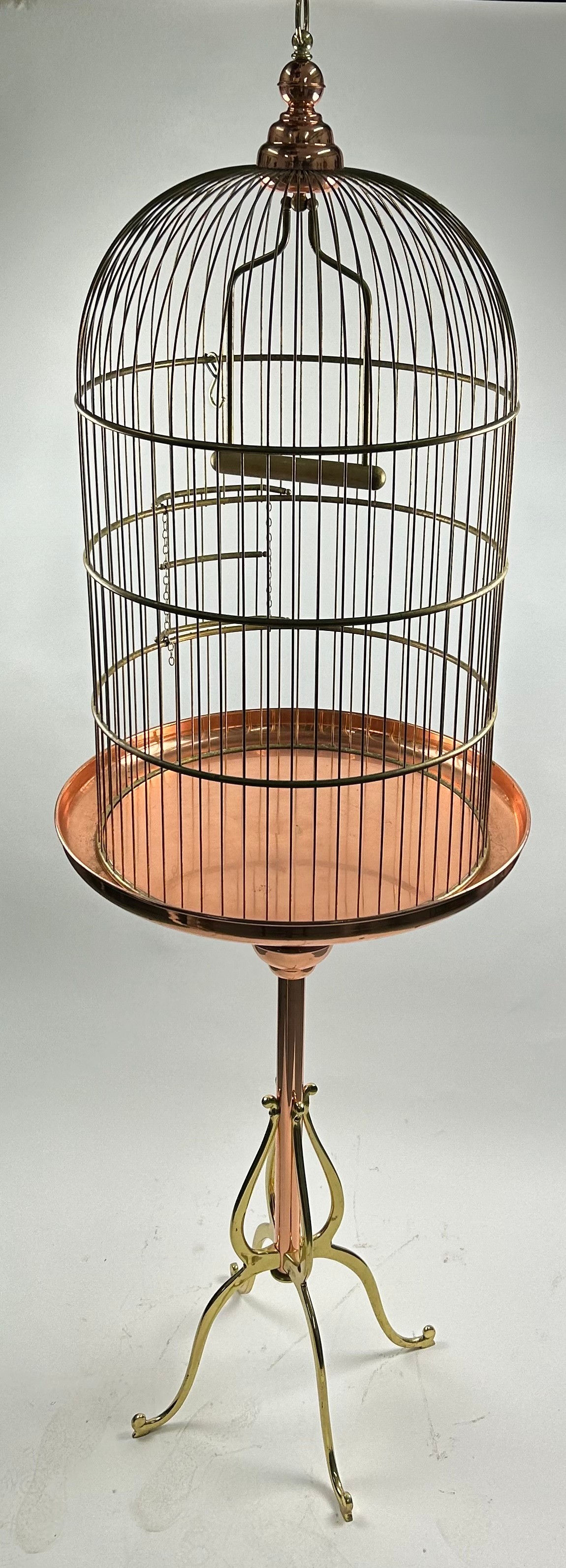 A BRASS BIRD CAGE ONCE BELONGING TO DERREN BROWN'S PARROT "RASPUTIN", BY JAMES DURANT. 215cm x