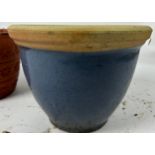 TWO GARDEN PLANTERS, one terracotta and one blue glazed.